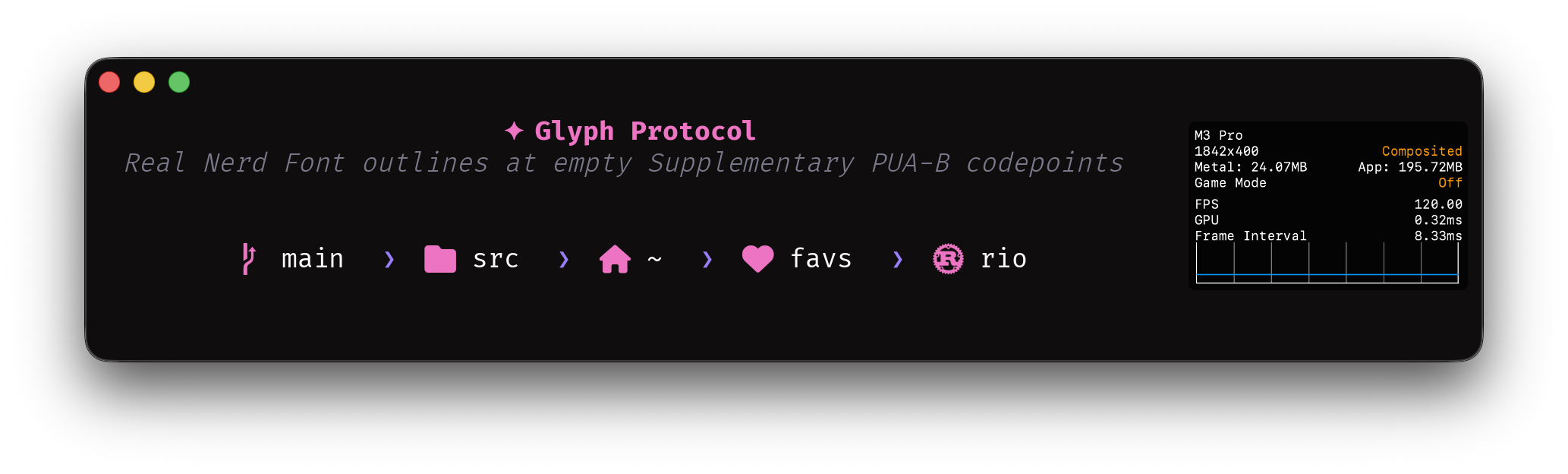 The same terminal prompt rendering proper icons after the application registers glyphs via Glyph Protocol
