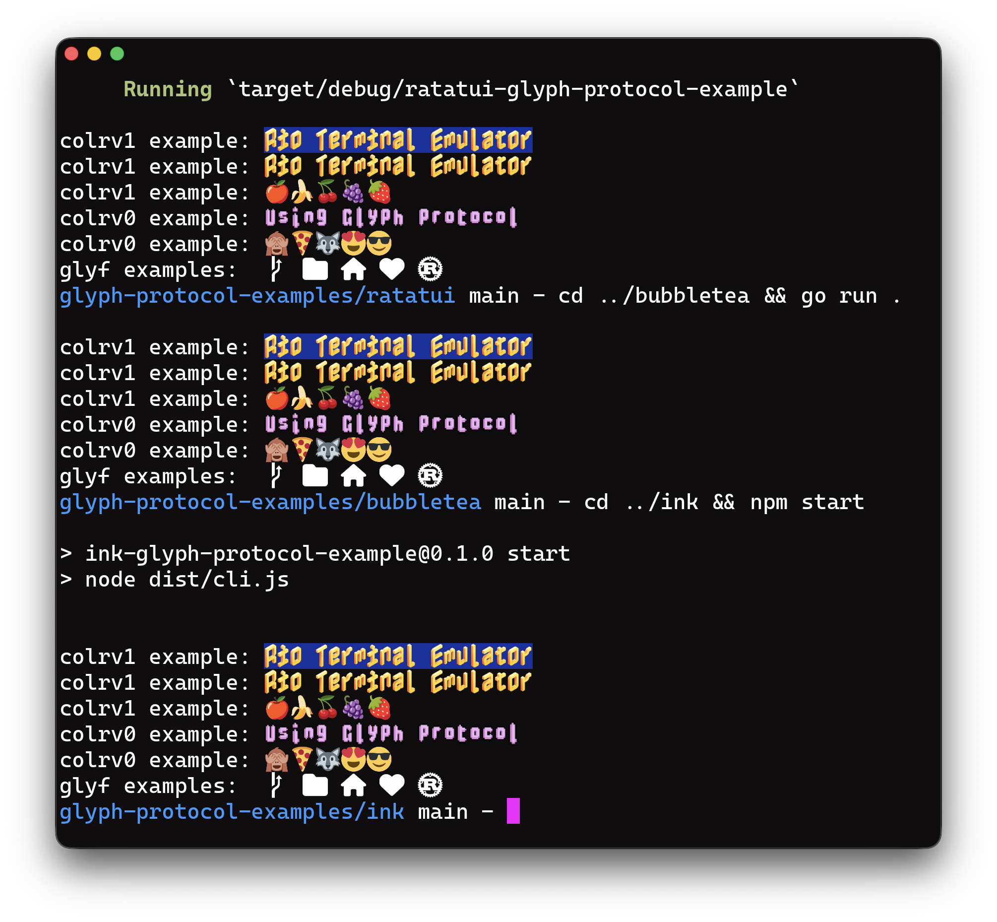 Rio terminal running the same Glyph Protocol example three times: first via a Rust ratatui binary, then a Go bubbletea program, then a Node ink CLI. Each prints identical colrv1 titles, fruit emoji, colrv0 titles, face/animal emoji, and monochrome glyf icons, demonstrating consistent rendering across the three TUI frameworks.