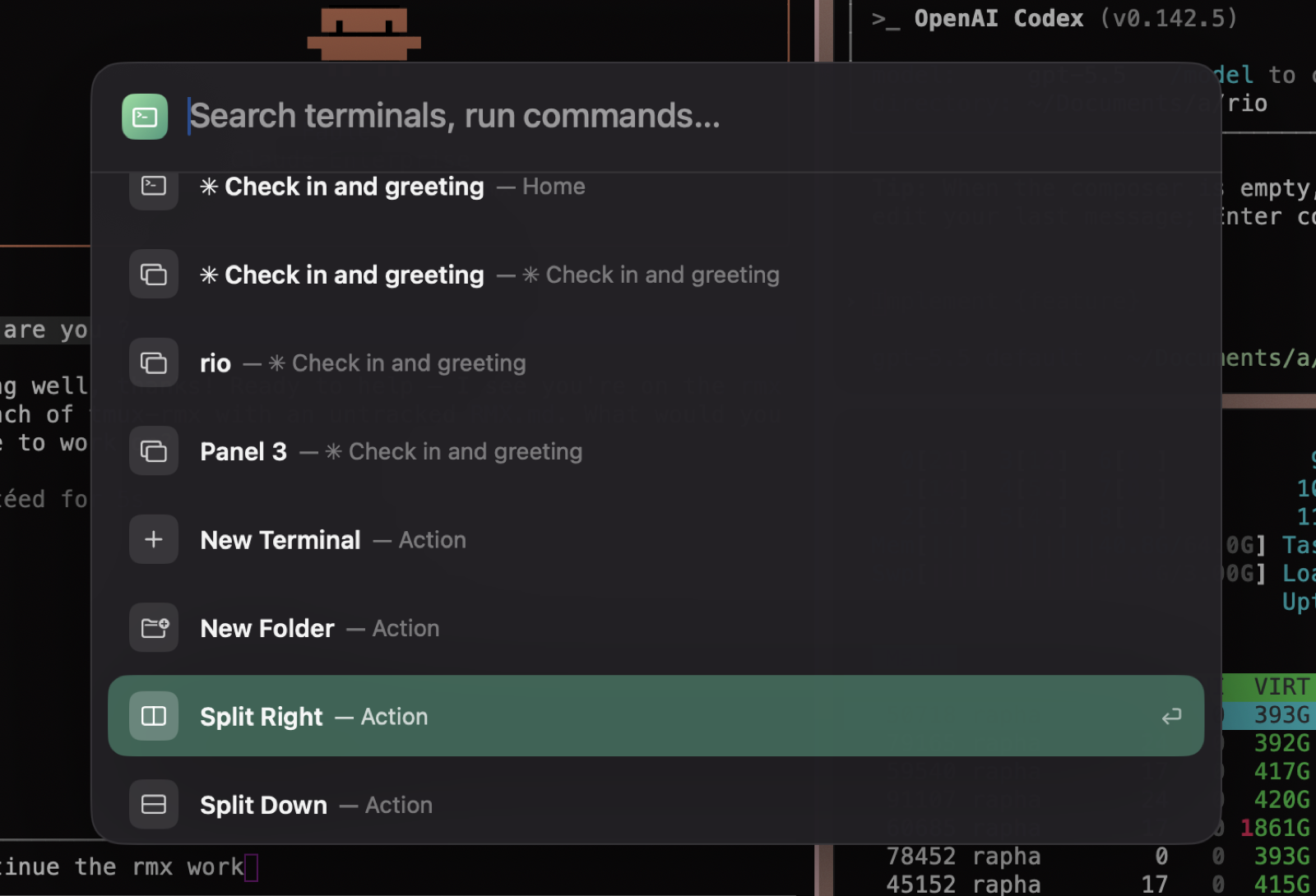 Canario's dark command palette listing terminals and actions